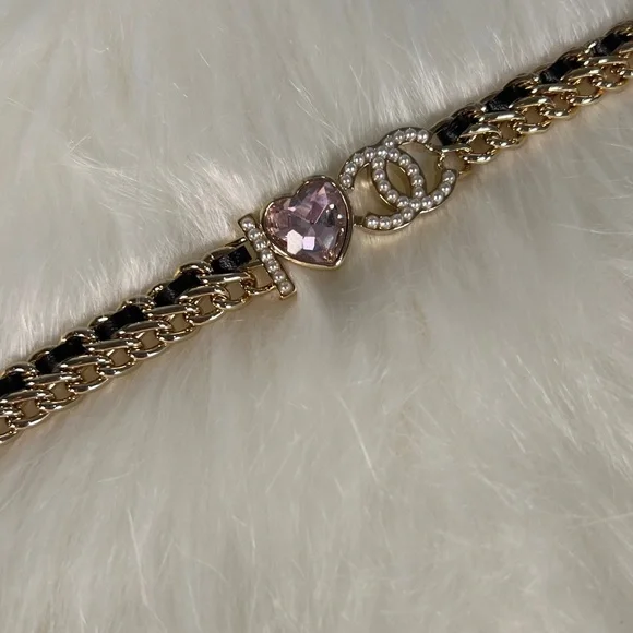 CHANEL I Love CC pearl logo Pink Heart leather woven chain Choker Necklace - Picture 10 of 15